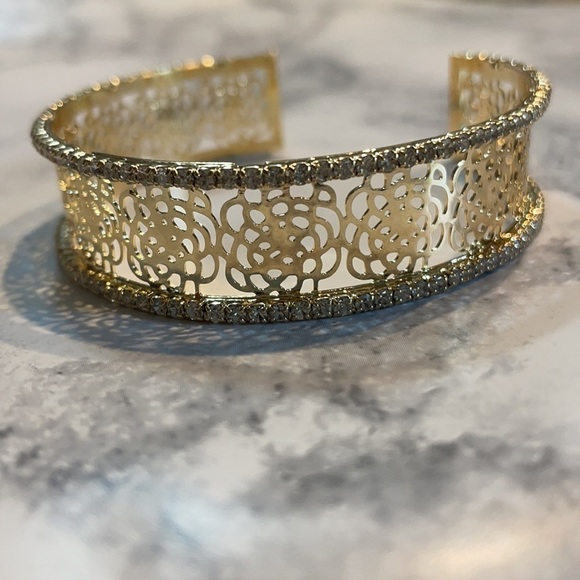 Gold Camellia Flower Rhinestone Cuff Bracelet - Picture 5 of 12